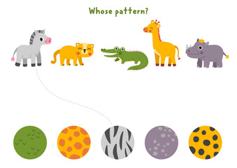 Naklejka premium Safari matching activity with cute animals, their skin patterns. Woodland puzzle with zebra, leopard, crocodile, giraffe, rhinoceros. Match object game with fur ornament. Wildlife printable worksheet