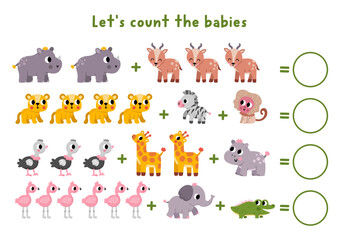 Naklejka premium Counting game with cute savanna animals, birds. Safari math addition activity for preschool children. Simple sums African savannah printable worksheet for kids with baby lion, giraffe, ostrich, rhino