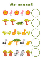 Naklejka premium What comes next. Safari logical activity for preschool children with cute animals, plants. African savanna logic succession worksheet. Savannah continue the row game with giraffe, crocodile, flamingo
