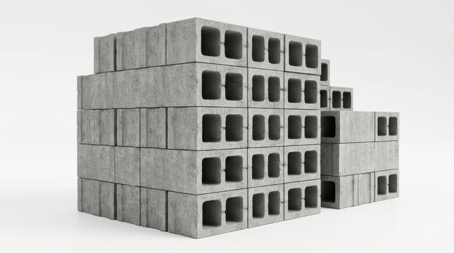 Stack of concrete cinder blocks on white background for construction and architecture projects