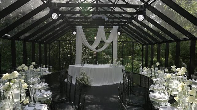 Glass pavilion wedding reception with draped fabric and mirrored tables under black truss, with pavilion, glass, headtable, banquet detail, showing linen, drapery, swag, floral context