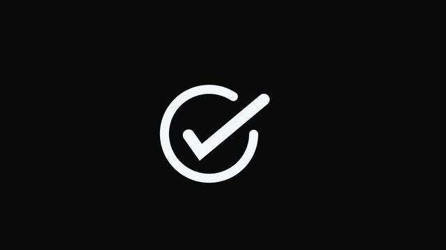 White check mark animation. Yes tick. Correct check mark symbol. Yes sign. Correct vote icon on black background. Animated white tick concept.