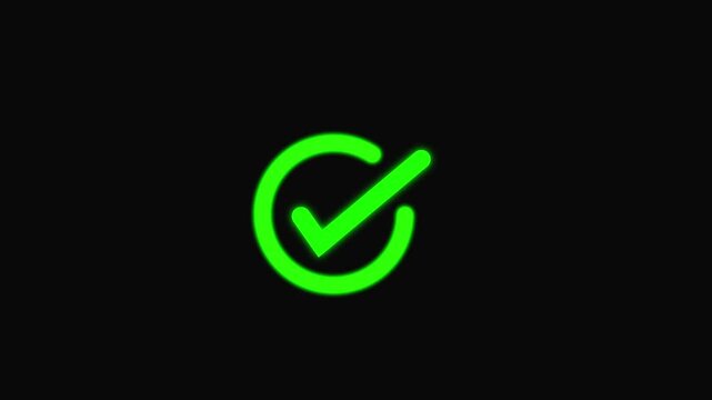 Green check mark animation. Yes tick. Correct check mark symbol. Yes sign. Correct vote icon on black background. Animated green tick concept.
