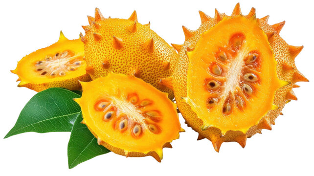 Fresh yellow kiwano horned melons with green leaves, including two sliced halves showing seeds, isolated on a clean white background