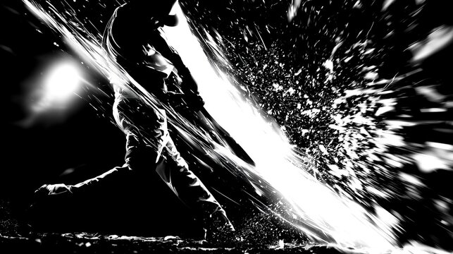光の軌跡と爆発的なスピード感で描く野球選手の豪快なフルスイング・モノクロイラスト