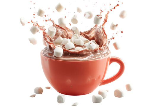 Hot chocolate drink in a coral mug with marshmallows splashing and floating in the air, isolated on a white background, for winter concepts