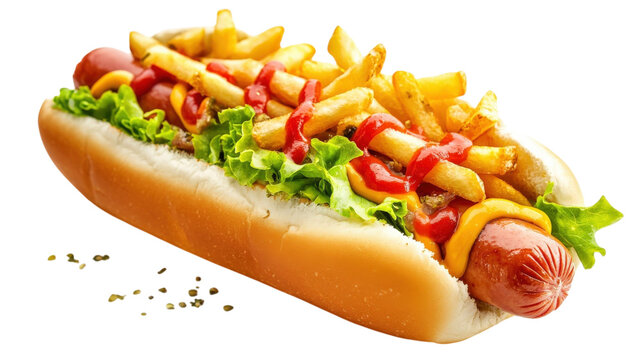 Hot dog with grilled sausage, fresh green lettuce, yellow mustard, and red ketchup, topped with crispy french fries, isolated on white background