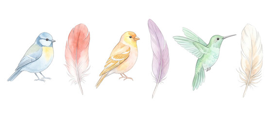 Fototapeta premium Watercolor bird feather illustration set featuring colorful songbirds, hummingbird, and soft plumes isolated on white background for delicate pastel spring art and design projects.
