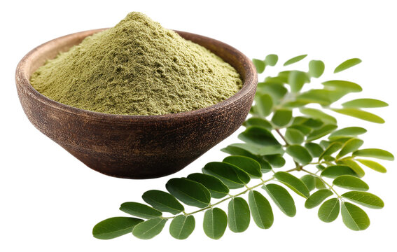 Moringa powder in a wooden bowl next to fresh green moringa leaves isolated on a black background, for healthy superfood concept