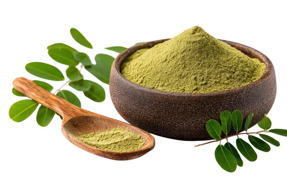Moringa powder in a wooden bowl with a wooden spoon and fresh green moringa leaves arranged on a black background, for healthy food concept