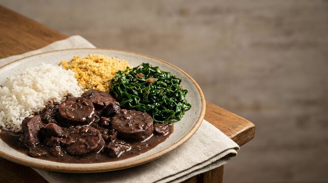 Feijoada served on a plate with rice farofa and kale representing traditional Brazilian cuisine feijoada served Brazilian dish plate presentation white rice farofa side kale topping black beans pork