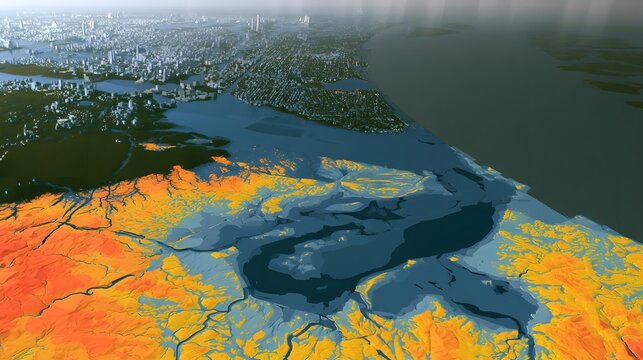 Aerial view of a coastal region with color coded elevation data showing potential flooding zones near urban areas