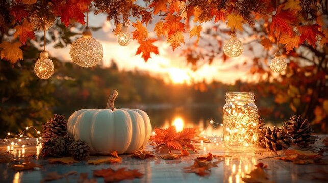 White Pumpkin with Autumn Leaves, Pinecones and Glowing Jar Lights at Sunset