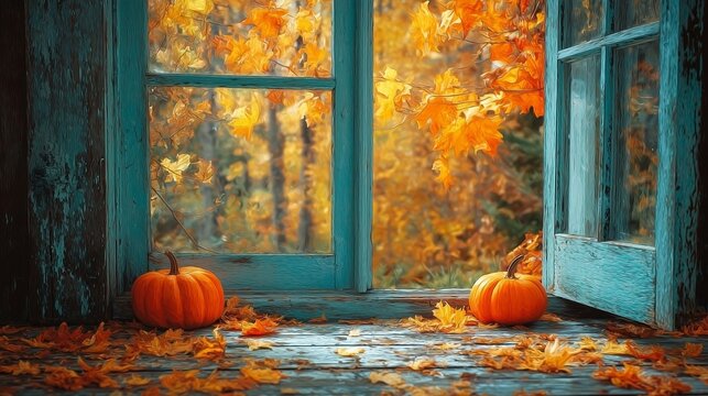 Two Pumpkins Beside an Open Weathered Teal Window in Autumn