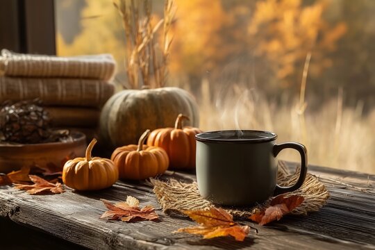 Autumn still life with pumpkins, enamel mug and fallen leaves on a rustic wooden table