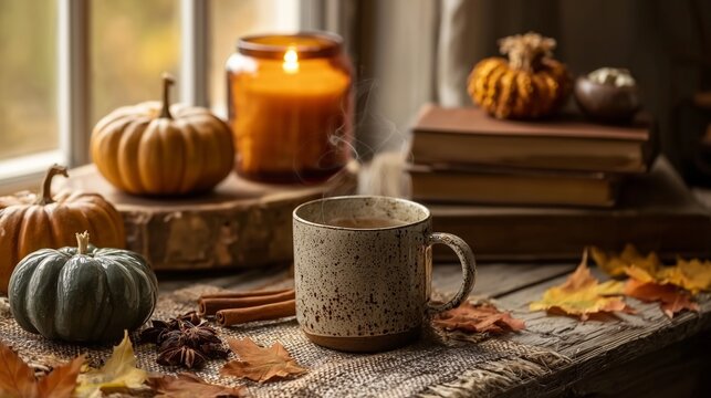 Autumn Still Life with Pumpkins, Steaming Mug, Candle, Books and Fallen Leaves