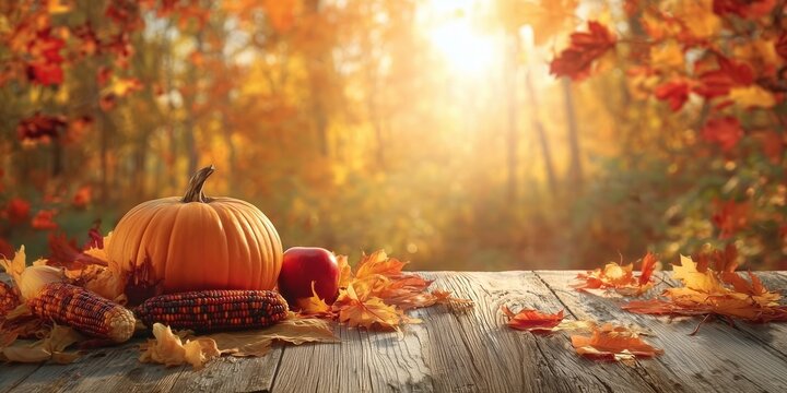 Autumn Harvest Still Life with Pumpkin, Ornamental Corn, Red Apple and Fallen Leaves on Wooden Table