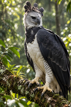 Harpy eagle perched on a moss-covered tree branch in a tropical rainforest, displaying powerful talons, distinctive crest and black and white plumage.