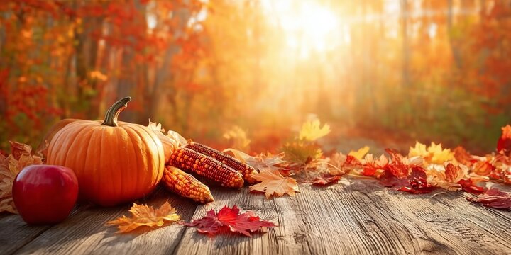 Autumn harvest still life with pumpkin, apple, corn and fallen leaves in golden sunlight