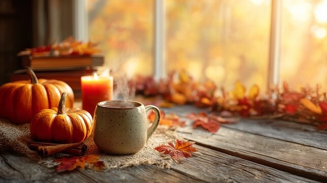 Autumn still life with pumpkins, steaming coffee, lit candle, and leaves by a sunlit window