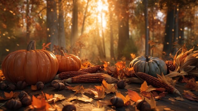 Autumn harvest still life with pumpkins and corn in a sunlit forest