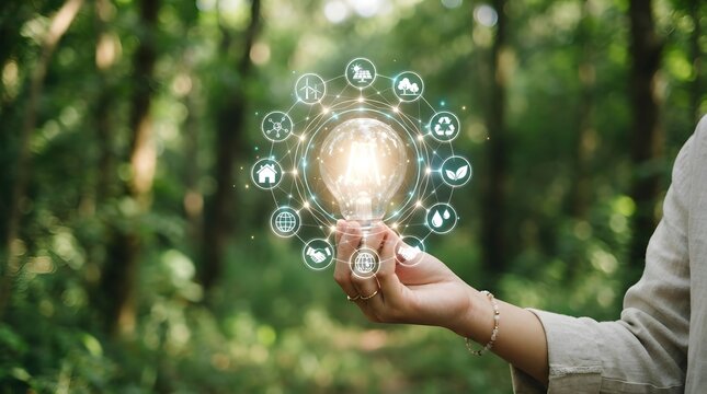 Woman holding a crystal sphere in a lush green forest setting