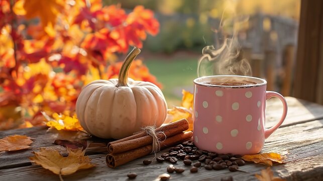 Steaming coffee in pink polka dot mug with pumpkin, cinnamon and autumn leaves on rustic wooden table