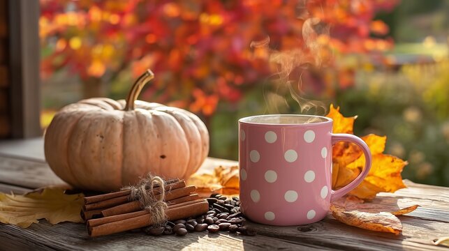 Autumn Still Life with Pumpkin, Cinnamon and Pink Polka Dot Mug on Wooden Table