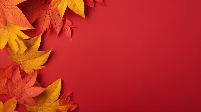 Autumn maple leaves framing a deep red background with copy space