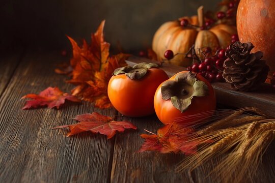 Autumn Harvest Still Life with Persimmons, Pumpkins, Leaves and Wheat