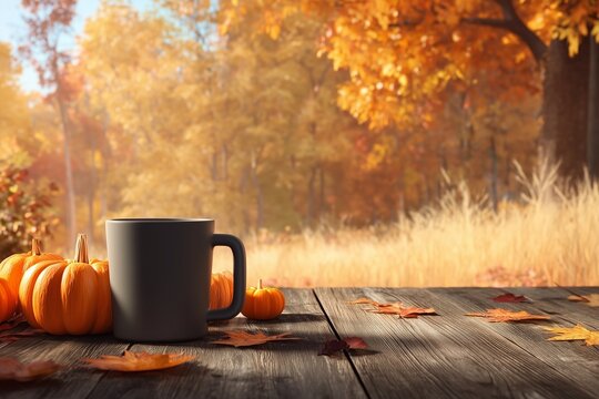 Black ceramic mug and pumpkins on a rustic wooden table in a sunlit autumn forest