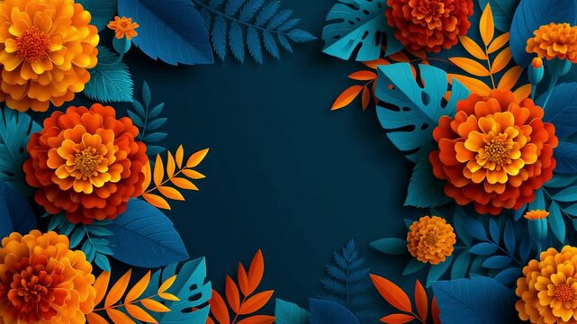 flowers on dark blue background, marigolds, backgrounds