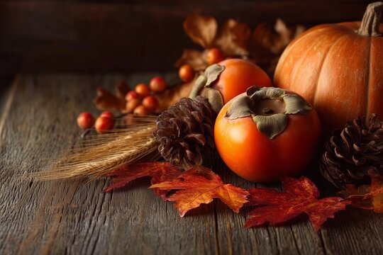 Rustic autumn harvest still life with pumpkin, persimmons, maple leaves, wheat and pinecones