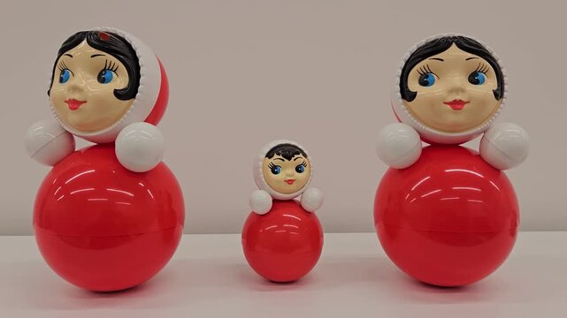 Three red spherical dolls with white cuffs and black hair. Each doll has blue eyes and a smiling face. The dolls are arranged in a row on a plain surface. They are all identical in design