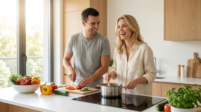 Diverse Couple Cooking Healthy Meal in Bright Minimalist Kitchen