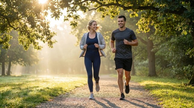 Couple Jogging in Sunlit Park: Modern Healthy Lifestyle Photography