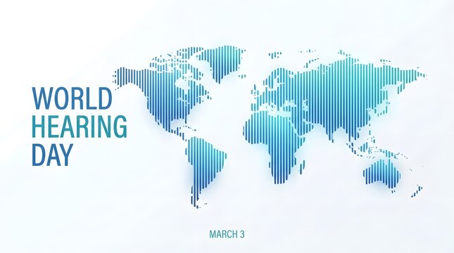 World hearing day concept with a world map made of sound waves and text