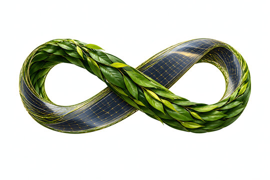 Infinity Symbol Formed by Lush Green Leaves and Modern Solar Panel Texture Representing Sustainable Energy and Perpetual Renewable Resources