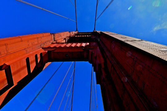 Passing under the south tower of the Golden Gate Bridge. View up from northbound roadway. 