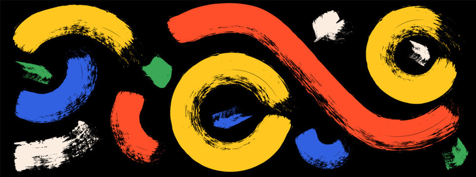 Curve brush set of vibrant red yellow blue arcs. Bold vector strokes glow on black with green along each curve. Every brush squiggle and splotch pops for poster design or social media collection