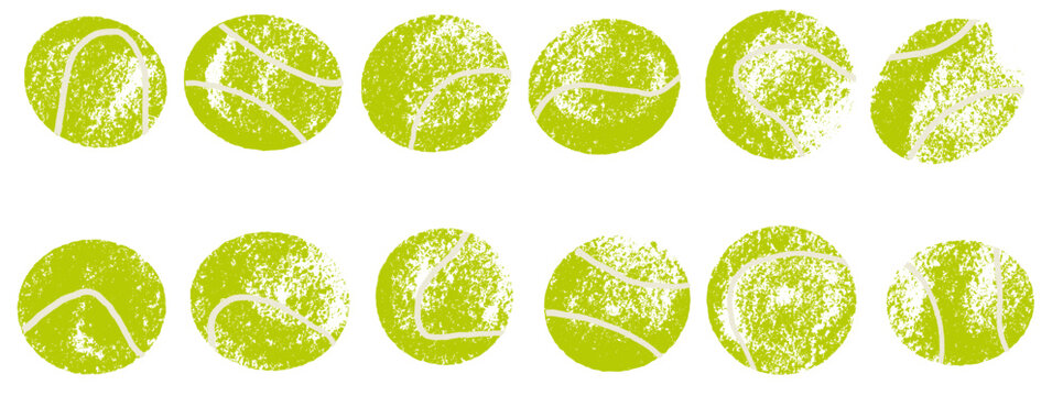 Padel ball set of distressed green circles with white speckling. Smudge marks and ruined patches roughen tennis paddle shape. Grunge vector sphere icons for sport promo event or presentation slide