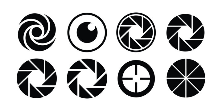 Camera aperture icons and eye symbols for photography, lens opening symbols, optical focus graphics, camera equipment concepts, visual perception, imaging technology, vector illustration