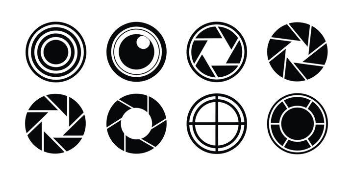 Camera aperture icons and eye symbols for photography, lens opening graphics, visual focus concepts, optical design elements, camera settings, creative imaging, vector