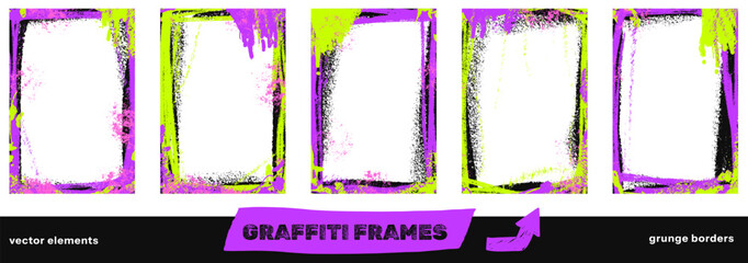 Fototapeta premium Bold spraypaint graffiti frame set with neon borders and messy painted edges. Pink and lime spraypaint splash on dark wall with grunge frame. Vector urban element for hip hop flyer for music promotion