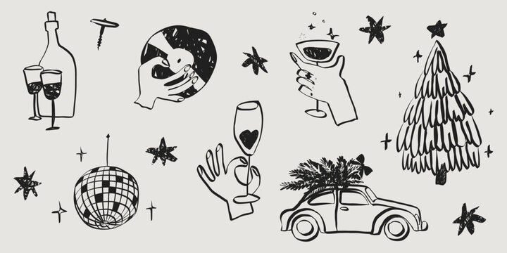 Whimsical chalk Christmas party doodles. Perfect sketch for dinner invitations and Italian restaurant menu. Xmas quirky elements for poster and greeting cards. Handwriting holiday vector illustration