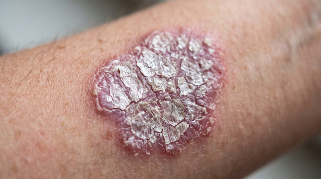 Extreme close-up of affected skin displaying extensive inflamed plaques with coarse whitish scaling and visible peeling across an irritated area, psoriasis vulgaris, desquamation, cutaneous thickening