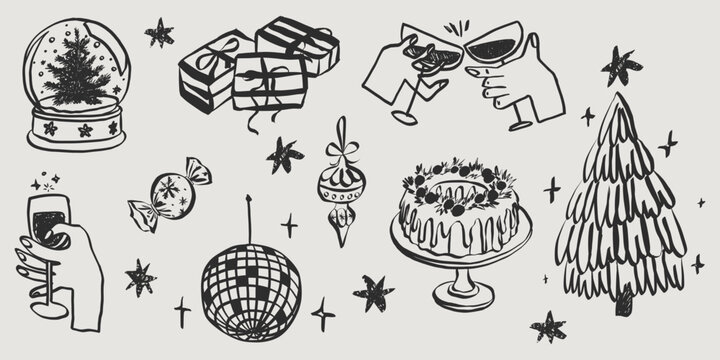 Whimsical Christmas party doodles featuring wine, champagne and xmas quirky elements in charming hand-sketched vintage style for holiday menus and invitations