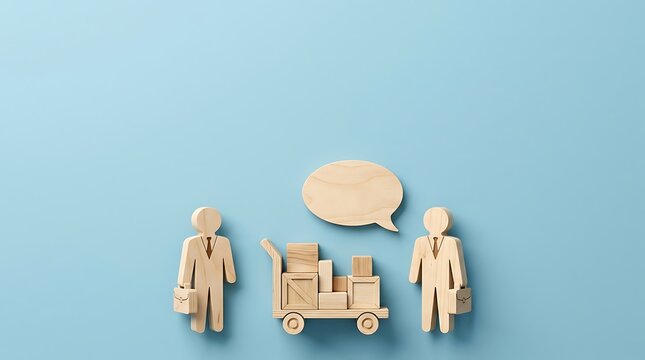 Wooden figures representing businessmen with a cart loaded with boxes and a speech bubble