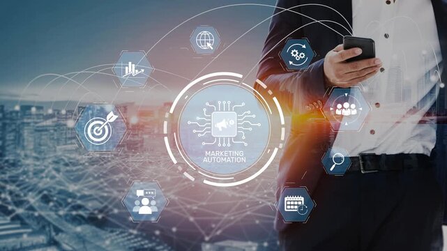 Marketing automation diagram showcase AI-driven campaign workflow, highlight marketing automation, data-driven strategy, marketing automation tools, and market automation process in business. Muxer