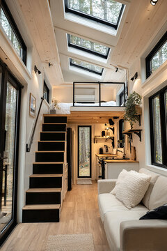 Modern tiny house interior with black stairs and storage kitchen